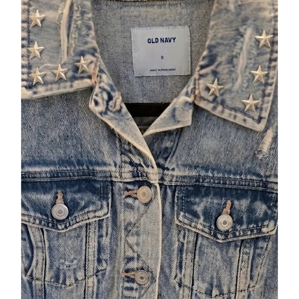 Old Navy Star Studded Collar Fray Denim Trucker Classic Jean Jacket Women’s L - Picture 2 of 12